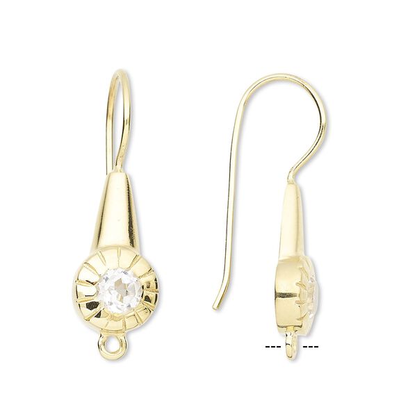 Ear wire fishhook 1pkg2 quartz (natural), 28mm / closed loop / lines design, 20 gauge gold-finished brass 1 pair image number 0