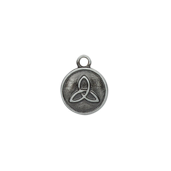 Drop, enamel and "pewter" (zinc-based alloy), black, 12mm double-sided round with Celtic triangle knot. Sold individually. image number 0