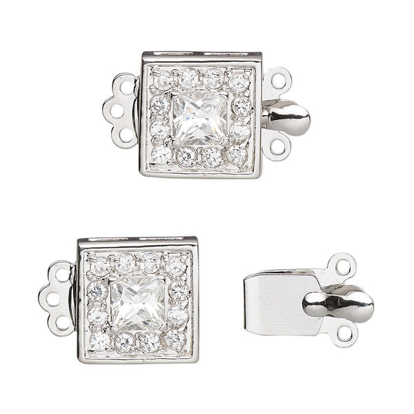 Clasp, 3-strand tab, cubic zirconia / rhodium-plated sterling silver / silver-plated brass, clear, 13x13mm square. Sold individually. image number 0