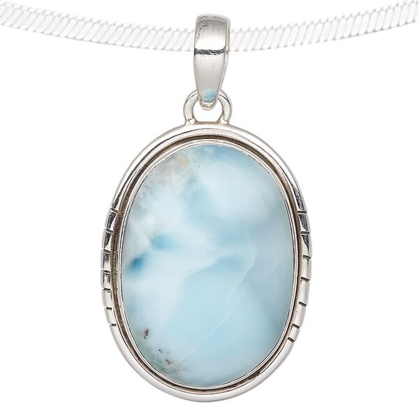 Pendant, larimar (natural) and sterling silver, 27x20mm-32x23mm oval. Sold individually. image number 0