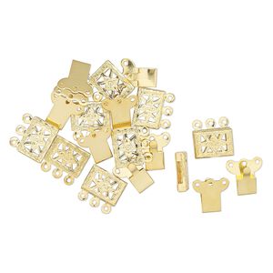 Clasp, 3-strand tab, gold-finished brass, 11x8mm fancy rectangle. Sold per pkg of 10.