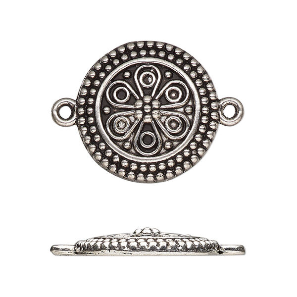 Link, antique silver-finished "pewter" (zinc-based alloy), 21.5mm single-sided domed round with flower. Sold per pkg of 10. image number 0