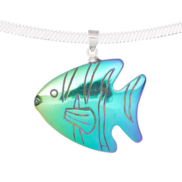 Pendant, electroplated Hemalyke™ (man-made) and silver-finished brass, rainbow, 31x27mm single-sided fish. Sold individually. image number 0