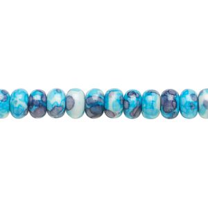Bead, resin and painted ceramic, blue / white / grey, 6x4mm rondelle. Sold per 15-1/2" to 16" strand.