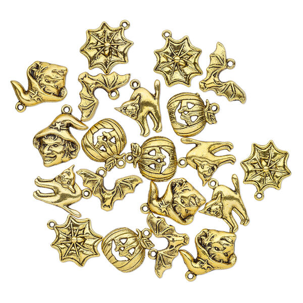 Charm, antique gold-finished "pewter" (zinc-based alloy), 17x16mm-20x17mm single-sided Halloween theme. Sold per pkg of 20. image number 0