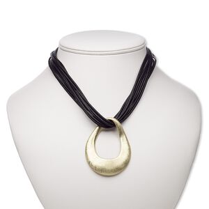 Necklace, waxed cotton cord / gold-finished brass / steel / "pewter" (zinc-based alloy), black, 68x50mm scratched twisted open teardrop, 16 inches with 3-inch extender chain and lobster claw clasp. Sold individually.