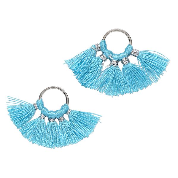 Component, cotton and silver-finished brass, translucent turquoise blue, 28x20mm tassel. Sold per pkg of 2. image number 0