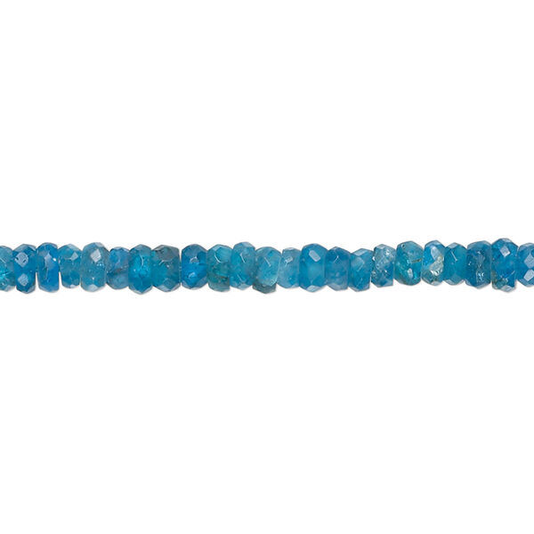 Bead, neon blue apatite (natural), 3x1mm-4x3mm hand-cut faceted rondelle with 0.4-1mm hole, B- grade, Mohs hardness 5. Sold per 13-inch strand, approximately 170 beads. image number 0