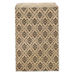 Bag, paper, brown and black, 9x6 inches with damask print and scalloped top edge. Sold per pkg of 100.