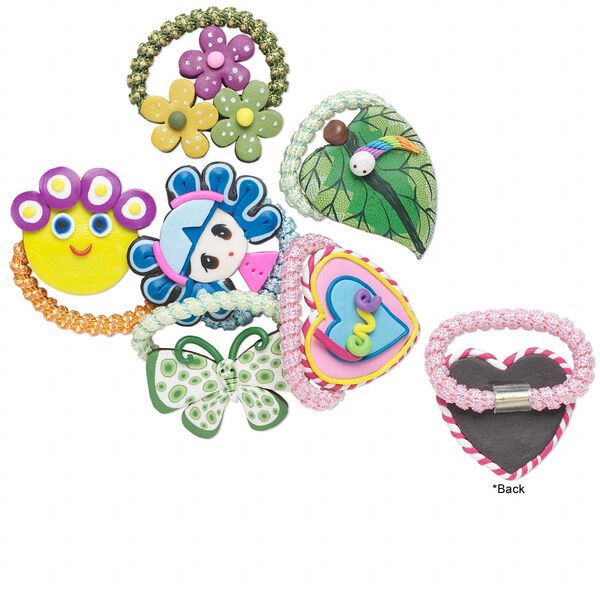 Hair tie mix, polymer clay and steel, multiple colors and shapes, 49mm-62x43mm. Sold per pkg of 6. image number 0