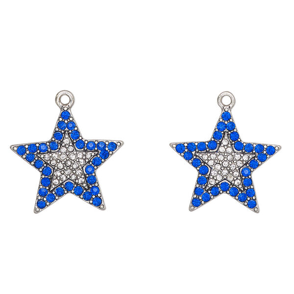 Charm, antique silver finish "pewter" (zinc-based alloy) and glass, blue and clear, 25x24mm star. Sold per pkg of 2. image number 0