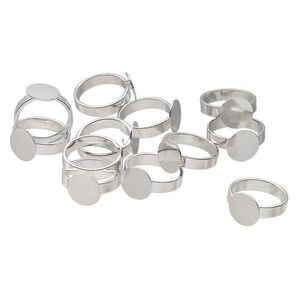 Ring, silver-finished brass, adjustable from size 7, 12mm with 12mm setting. Sold per pkg of 12.