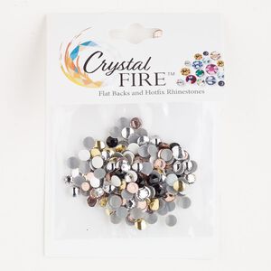 Flat back / rhinestud 1pkg200 mixed colors / mixed plating, Crystal Fire® rhinestone / brass 3-4mm hotfix round / 4mm rose round SS12-SS16
