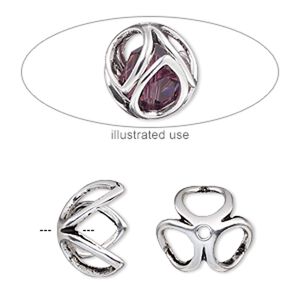Bead cage, antique silver-plated "pewter" (zinc-based alloy), 14mm round with oval cutout design, fits up to 10mm bead. Sold per 2-piece set.