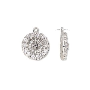 Drop, cubic zirconia and antique silver-plated bronze, clear, 14mm single-sided round wheel and 2mm faceted round. Sold individually.