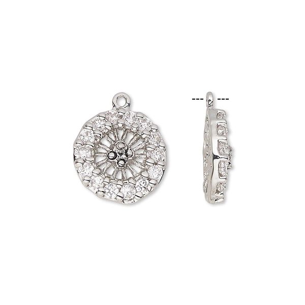 Drop, cubic zirconia and antique silver-plated bronze, clear, 14mm single-sided round wheel and 2mm faceted round. Sold individually. image number 0