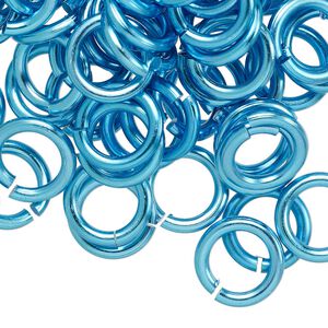 Jump ring, anodized aluminum, light blue, 12mm round, 7.9mm inside diameter, 12 gauge. Sold per pkg of 100.