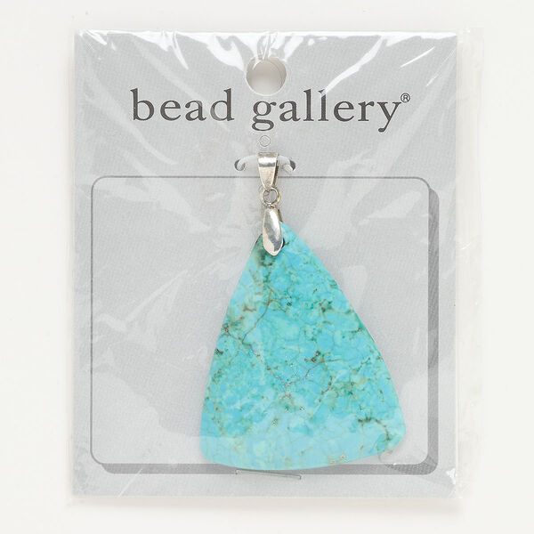Pendant, "pewter" (zinc-based alloy) and magnesite (dyed), turquoise blue, 50x39mm triangle, Mohs hardness 3 to 3-1/2. Sold individually. image number 0
