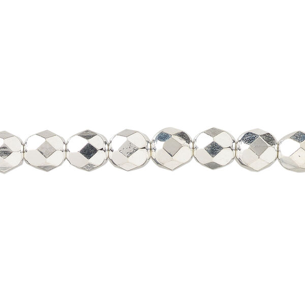 Bead, fire-polished, silver-plated glass, opaque clear, 6mm faceted round. Sold per 15-1/2 to 16-inch strand. image number 0