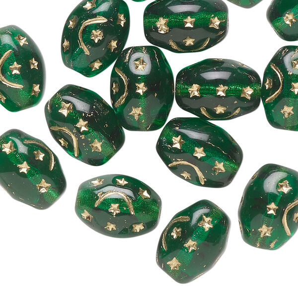Bead, Preciosa, Czech pressed glass, translucent teal, 12x9mm barrel with gold painted moon and stars. Sold per pkg of 16. image number 0