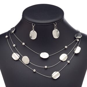 Necklace and earring set, 3-strand, nylon-coated steel / antique silver-plated brass / steel / "pewter" (zinc-based alloy), textured flat round, 18-inch necklace with 3-inch extender chain and lobster claw clasp, 29mm earrings with fishhook ear wire. Sold per set.