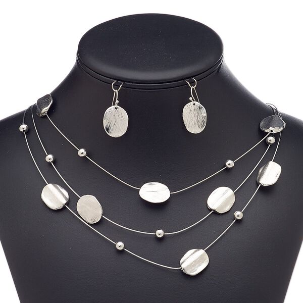 Necklace and earring set, 3-strand, nylon-coated steel / antique silver-plated brass / steel / "pewter" (zinc-based alloy), textured flat round, 18-inch necklace with 3-inch extender chain and lobster claw clasp, 29mm earrings with fishhook ear wire. Sold per set. image number 0