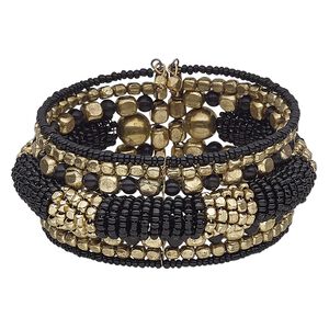 Bracelet, cuff, glass / steel memory wire / gold-finished steel, black, 33mm wide, adjustable from 7-8 inches. Sold individually.