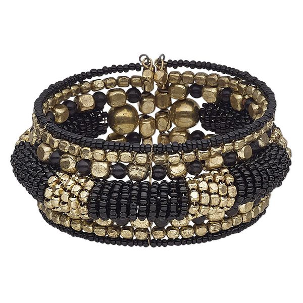 Bracelet, cuff, glass / steel memory wire / gold-finished steel, black, 33mm wide, adjustable from 7-8 inches. Sold individually. image number 0
