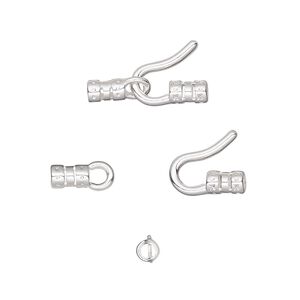 Clasp hook&eye 1pkg10 silver-plated, 17.5x9mm / crimp end / fits up to 2mm cord, brass 1-strand