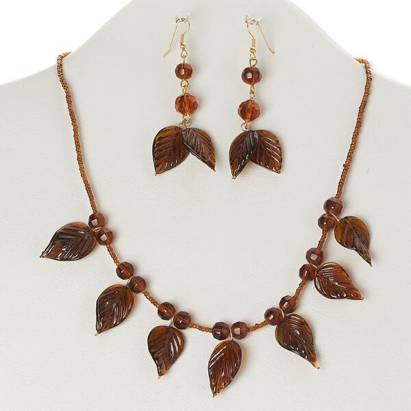Necklace and earring set, glass with gold-finished steel and brass, amber brown, leaf, 19 inches with lobster claw clasp, 2-3/4 inch earrings with fishhook ear wire. Sold per set. image number 0