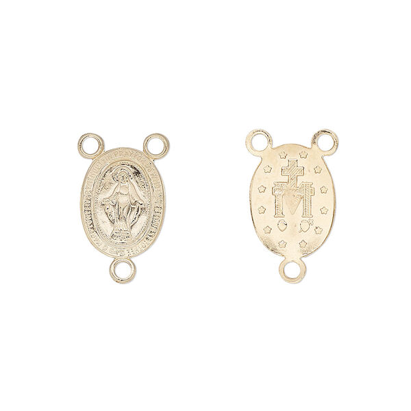 Connector, 14Kt gold-filled, 12x10mm two-sided oval rosary with Mother Mary. Sold individually. image number 0