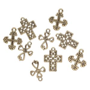 Drop, antiqued gold-finished "pewter" (zinc-based alloy), 17x15mm / 18x18mm / 20x16mm cross. Sold per pkg of 9.
