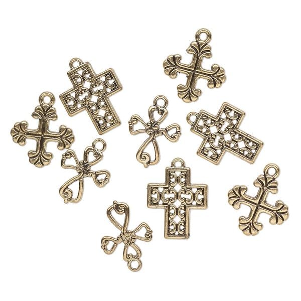 Drop, antiqued gold-finished "pewter" (zinc-based alloy), 17x15mm / 18x18mm / 20x16mm cross. Sold per pkg of 9. image number 0