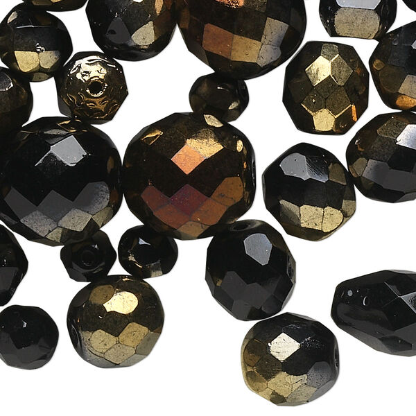 Bead mix, Czech fire-polished glass, jet with half-coat bronze and gold, 4mm-16x14mm faceted mixed shapes. Sold per 1/4 pound pkg, approximately 180 beads. image number 0