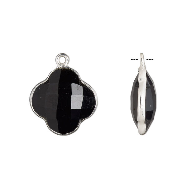 Drop, black onyx (dyed) and sterling silver, black, 16-17mm hand-cut double-sided faceted clover. Sold individually. image number 0