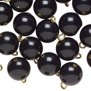 Drop, acrylic, black pearl, gold-finished brass, 12mm round. Sold per pkg of 100.