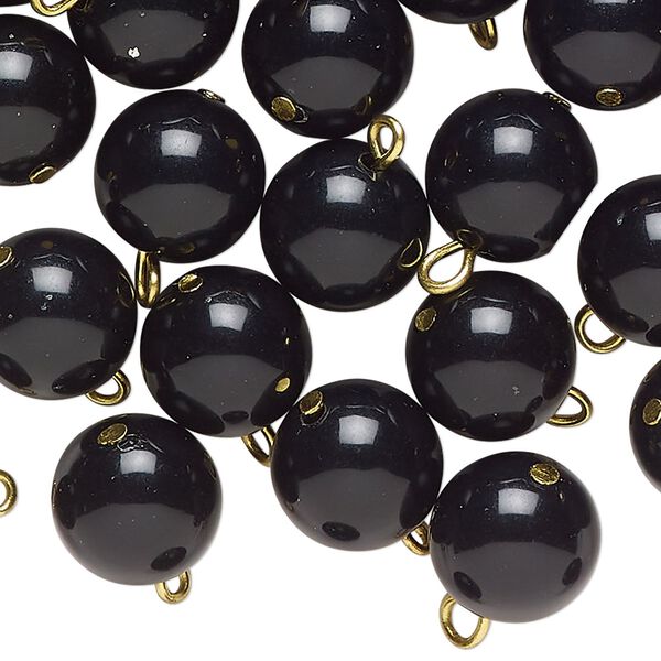 Drop, acrylic, black pearl, gold-finished brass, 12mm round. Sold per pkg of 100. image number 0