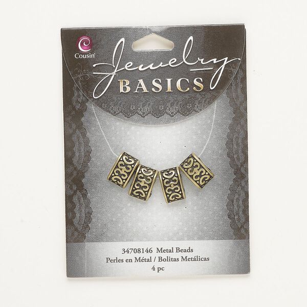 Bead, spacer, antique brass-finished "pewter" (zinc-based alloy), 13x8mm half oval with scroll pattern, fits up to 7mm beads. Sold per pkg of 4. image number 0