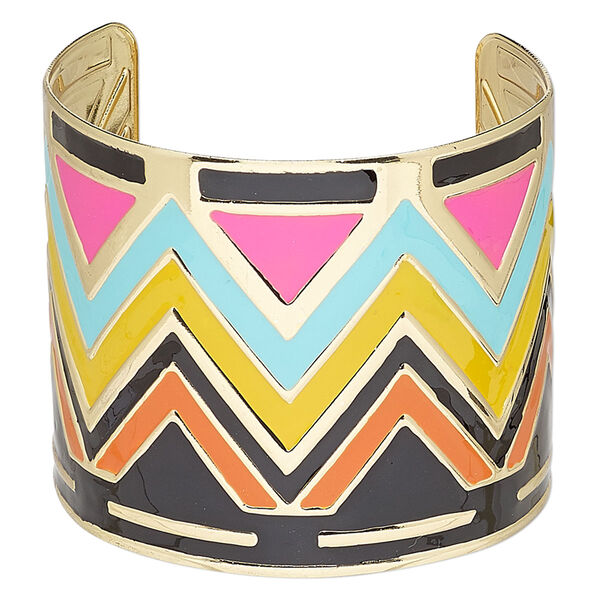 Bracelet, cuff, enamel and gold-finished steel, pink / orange / multicolored, 60mm wide with zigzag design, adjustable from 6-1/2 to 7 inches. Sold individually. image number 0