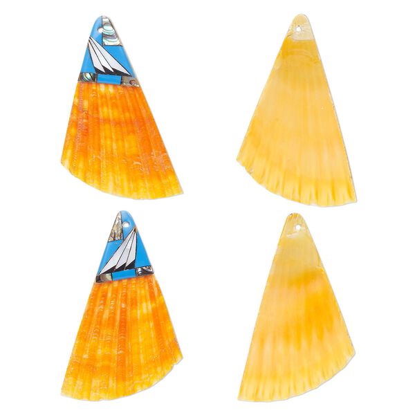 Focal, sea scallop shell / multi-shell / resin (dyed/assembled), orange / medium blue / multicolored, 50x33mm single-sided right- and left-facing half shells, Mohs hardness 3-1/2. Sold per pkg of 2. image number 0
