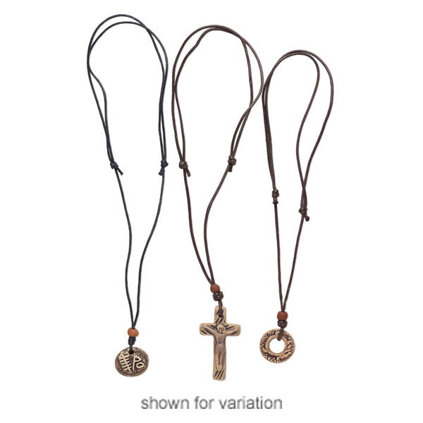 Necklace mix, ceramic / wood / cotton (dyed), multicolored, 12x12mm-60x34mm multi-shape, adjustable from 16-28 inches with macramé knot. Sold per pkg of 3. image number 1