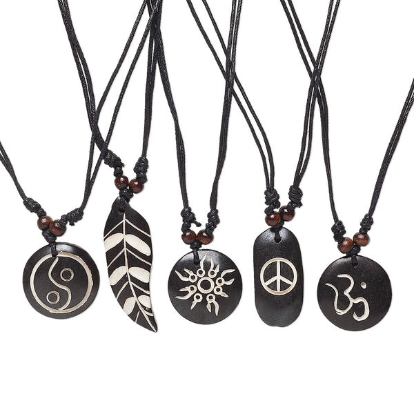 Necklace mix, bone and wood (dyed), black and brown, 32-59mm single-sided shapes and mixed designs wood accent beads on waxed cotton cord, adjustable 18-36 inches with macramé clasp. Sold per pkg of 5. image number 0