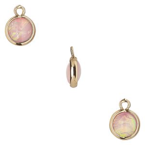 Drop, Opalized Ice™, "opal" (resin) and gold-finished brass, light pink, 9.5mm double-sided round. Sold per pkg of 6.