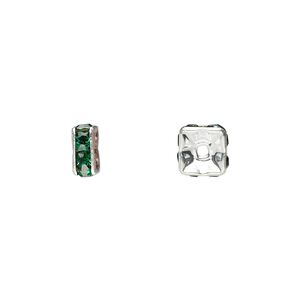 Bead, glass rhinestone and silver-plated brass, emerald green, 6x3mm squaredelle. Sold per pkg of 10.