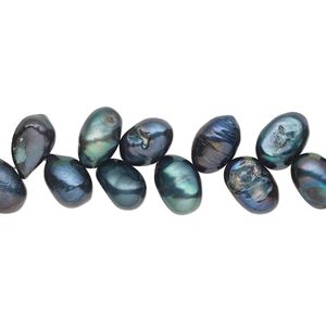 Pearl, cultured freshwater (dyed), spruce, 8x6mm-9x7mm herringbone-drilled flat-sided rice with 0.4-0.6mm hole, D grade, Mohs hardness 2-1/2 to 4. Sold per 15-inch strand.