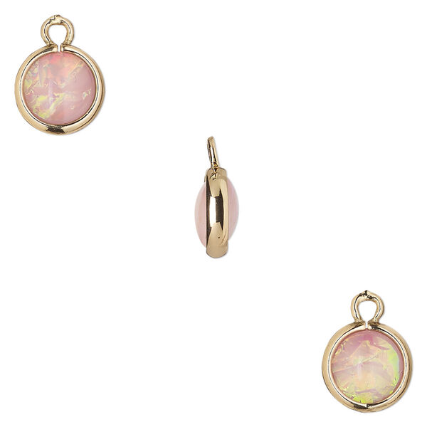 Drop, Opalized Ice™, "opal" (resin) and gold-finished brass, light pink, 9.5mm double-sided round. Sold per pkg of 6. image number 0