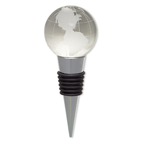 Bottle stopper, glass / rubber / silver-plated "pewter" (zinc-based alloy), frosted clear, 4x1-1/2 inches with 39mm globe. Sold individually. image number 0