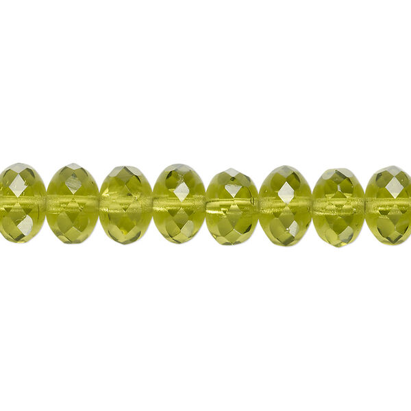 Bead, Czech fire-polished glass, transparent olivine, 9x5mm faceted rondelle. Sold per 15-1/2" to 16" strand. image number 0