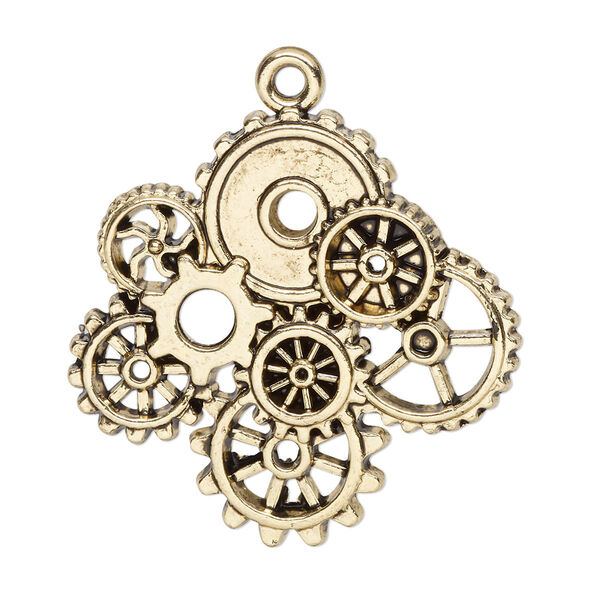 Focal, antique gold-finished "pewter" (zinc-based alloy), 34x33mm single-sided with gears. Sold individually. image number 0