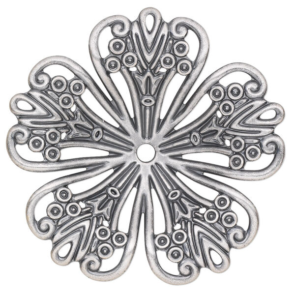 Focal, antique silver-plated steel, 42mm single-sided concave fancy flower with 2.5mm center hole. Sold per pkg of 6. image number 0